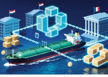 Buque de carga transporta gas frente a edificios institucionales con banderas mientras cubos encadenados y símbolos monetarios flotan, evocando comercio global apoyado en blockchain.