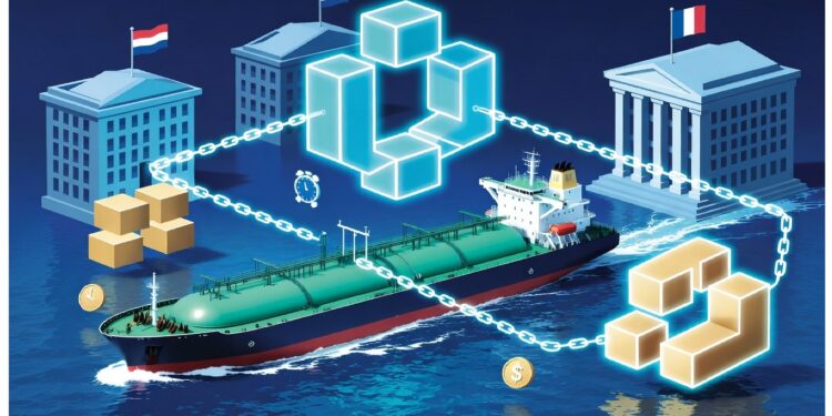 Buque de carga transporta gas frente a edificios institucionales con banderas mientras cubos encadenados y símbolos monetarios flotan, evocando comercio global apoyado en blockchain.