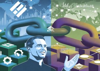 Persona frente a gran eslabón que une bloques azules y verdes con íconos tecnológicos y mapa global, simbolizando integración entre sistemas digitales y conectividad mundial.