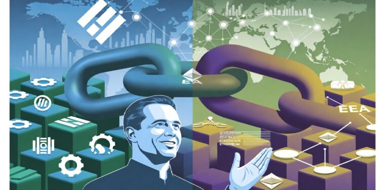 Persona frente a gran eslabón que une bloques azules y verdes con íconos tecnológicos y mapa global, simbolizando integración entre sistemas digitales y conectividad mundial.
