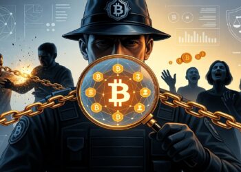 Persona con lupa que muestra símbolo de Bitcoin frente a red de íconos y cadena dorada, con siluetas y gráficos al fondo que evocan investigación y control de criptotransacciones.