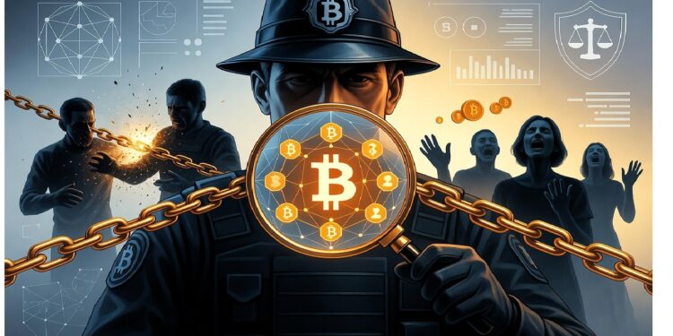 Persona con lupa que muestra símbolo de Bitcoin frente a red de íconos y cadena dorada, con siluetas y gráficos al fondo que evocan investigación y control de criptotransacciones.