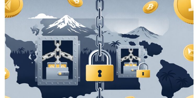 Cajas fuertes con lingotes aseguradas por candados y cadenas rodeadas de monedas cripto flotantes sobre paisaje insular, simbolizando protección y resguardo de activos digitales.