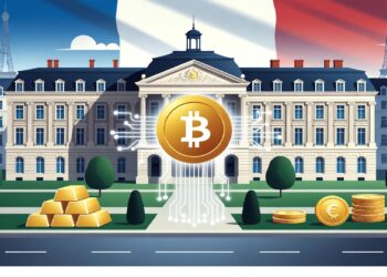 Edificio institucional francés con banderas tricolores flanqueado por dos Torres Eiffel, frente a Bitcoin dorado, lingotes y monedas euro, evocando contraste entre cripto y riqueza clásica.