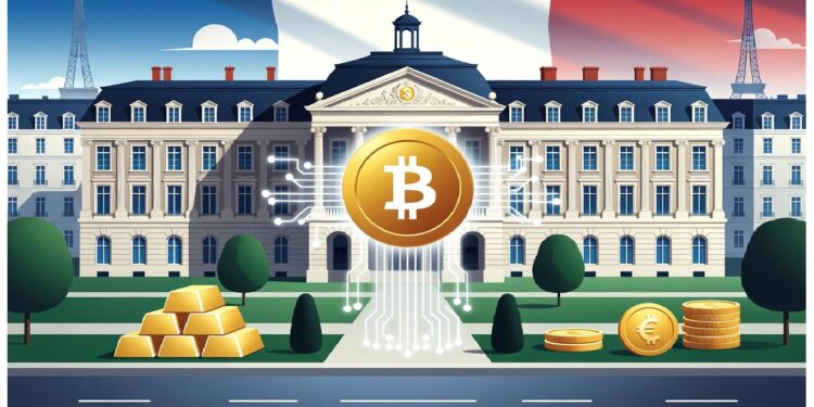 Edificio institucional francés con banderas tricolores flanqueado por dos Torres Eiffel, frente a Bitcoin dorado, lingotes y monedas euro, evocando contraste entre cripto y riqueza clásica.