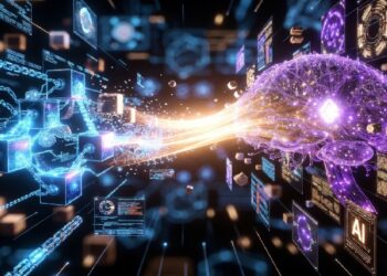 Cerebro iluminado en tonos púrpura y azul conectado a paneles holográficos con íconos y datos, evocando inteligencia artificial, redes neuronales y procesamiento digital avanzado.