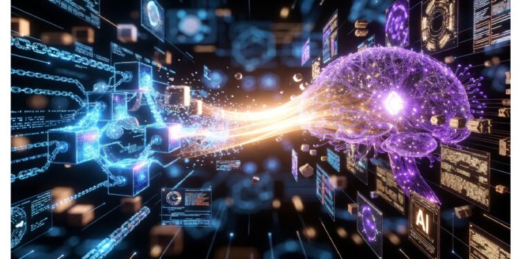 Cerebro iluminado en tonos púrpura y azul conectado a paneles holográficos con íconos y datos, evocando inteligencia artificial, redes neuronales y procesamiento digital avanzado.