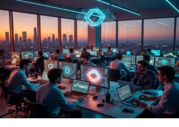 Oficina moderna con personas frente a monitores que muestran gráficos y formas hexagonales holográficas, con ciudad al atardecer, evocando análisis y sistemas digitales avanzados.