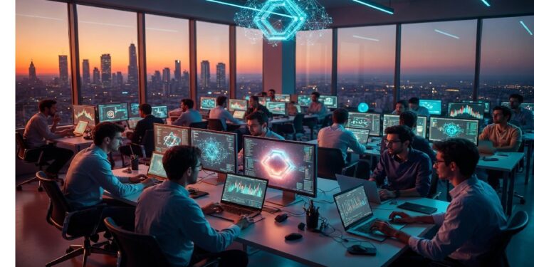 Oficina moderna con personas frente a monitores que muestran gráficos y formas hexagonales holográficas, con ciudad al atardecer, evocando análisis y sistemas digitales avanzados.