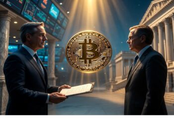 Dos personas formales en edificio institucional con gran Bitcoin luminoso entre columnas y pantallas bursátiles, evocando vínculo entre criptomonedas y finanzas tradicionales.