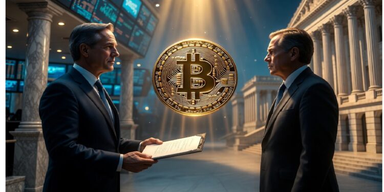 Dos personas formales en edificio institucional con gran Bitcoin luminoso entre columnas y pantallas bursátiles, evocando vínculo entre criptomonedas y finanzas tradicionales.