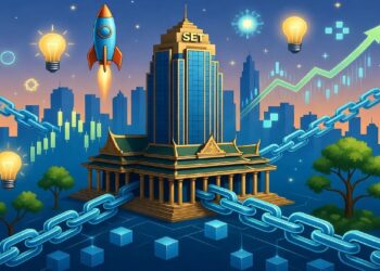 Edificio SET con base tradicional y torre moderna rodeado de cadenas y cubos digitales, junto a bombillas, cohete y flecha ascendente que sugieren innovación y crecimiento.