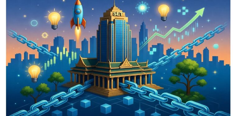 Edificio SET con base tradicional y torre moderna rodeado de cadenas y cubos digitales, junto a bombillas, cohete y flecha ascendente que sugieren innovación y crecimiento.