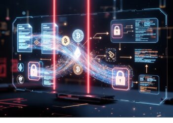Interfaz digital oscura con símbolo luminoso de Ethereum rodeado de flujos de datos, Bitcoin y candados, evocando análisis de transacciones y seguridad en sistemas blockchain.