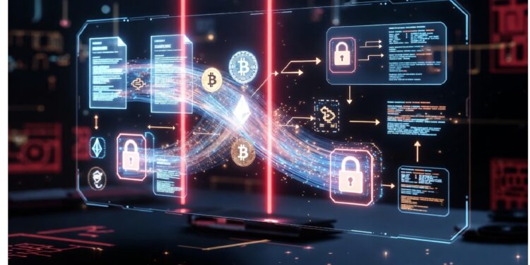 Interfaz digital oscura con símbolo luminoso de Ethereum rodeado de flujos de datos, Bitcoin y candados, evocando análisis de transacciones y seguridad en sistemas blockchain.