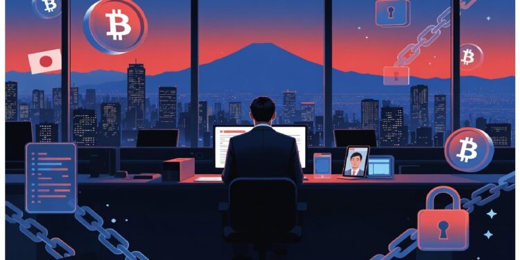 Persona en oficina elevada frente a ciudad al atardecer con pantallas, iconos de Bitcoin, candados y cadenas flotando, evocando ciberseguridad y actividad cripto en entorno urbano.
