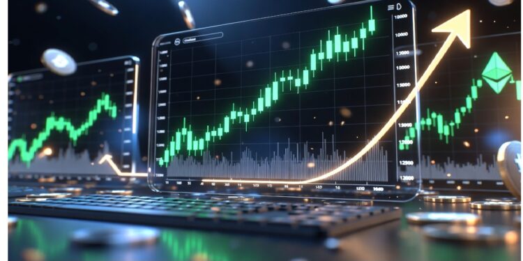Pantallas con velas verdes ascendentes y flecha amarilla curva junto a símbolos de Bitcoin flotantes sobre teclado, evocando análisis de mercados y crecimiento en trading digital.