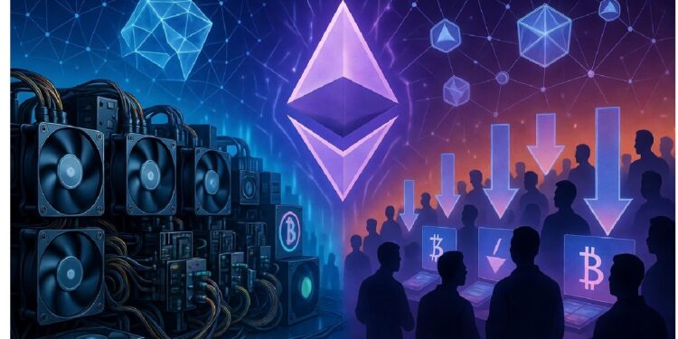 Equipos de minería con ventiladores junto a gran símbolo luminoso de Ethereum y figuras ante pantallas con Bitcoin y flechas, evocando contraste entre minería cripto y actividad de mercado.
