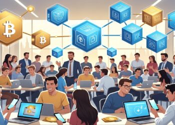 Personas en aula moderna usando laptops bajo íconos flotantes de bloques y bitcoins, representando aprendizaje colaborativo sobre blockchain y tecnologías financieras digitales.