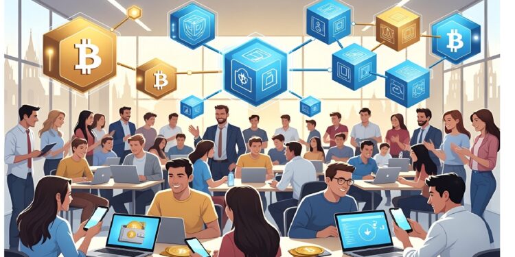Personas en aula moderna usando laptops bajo íconos flotantes de bloques y bitcoins, representando aprendizaje colaborativo sobre blockchain y tecnologías financieras digitales.