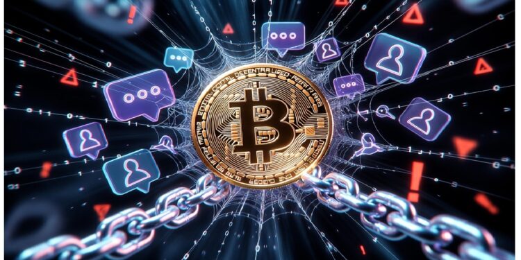 Moneda de Bitcoin centrada rodeada de red luminosa con iconos de usuarios, alertas y cadenas metálicas, evocando comunicación digital y seguridad en sistemas basados en blockchain.