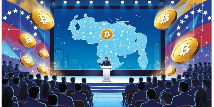 Persona en podio ante público empresarial con ciudad y montaña al fondo mientras símbolos de Bitcoin y cubos blockchain flotan arriba, evocando debate sobre tecnología financiera.