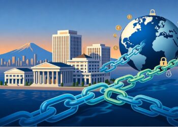 Ciudad al atardecer frente al agua unida por gran cadena a globo con candados y símbolos monetarios, evocando conexión global entre sistemas financieros y estructuras urbanas.
