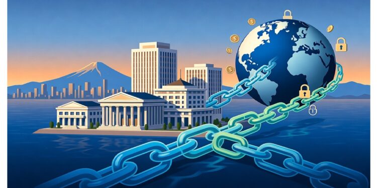 Ciudad al atardecer frente al agua unida por gran cadena a globo con candados y símbolos monetarios, evocando conexión global entre sistemas financieros y estructuras urbanas.