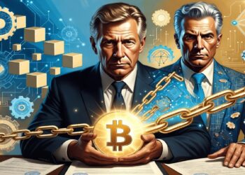 Dos personas formales en mesa con documentos mientras una sostiene Bitcoin encadenado que conecta a la otra, sobre fondo de engranajes y diagramas que evocan sistemas financieros digitales.