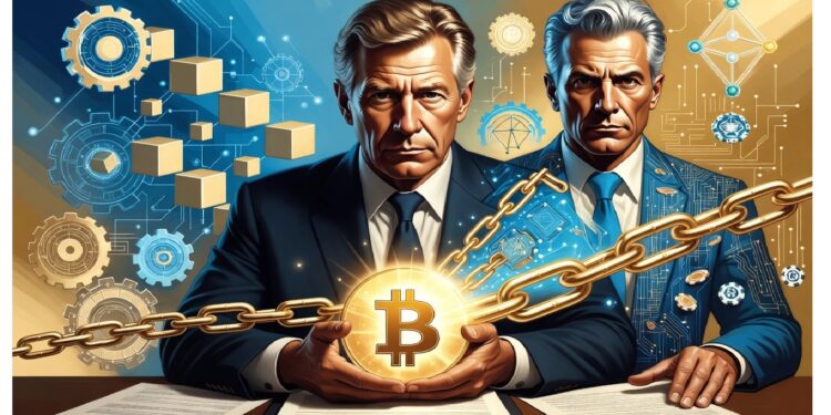 Dos personas formales en mesa con documentos mientras una sostiene Bitcoin encadenado que conecta a la otra, sobre fondo de engranajes y diagramas que evocan sistemas financieros digitales.