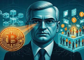 Retrato de hombre con traje frente a Bitcoin y cubos conectados, junto a grupo con íconos de redes y finanzas, simbolizando liderazgo en sistemas digitales y economía conectada.