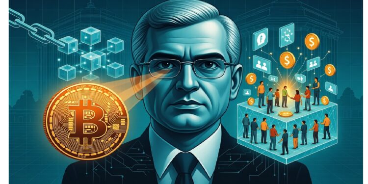 Retrato de hombre con traje frente a Bitcoin y cubos conectados, junto a grupo con íconos de redes y finanzas, simbolizando liderazgo en sistemas digitales y economía conectada.