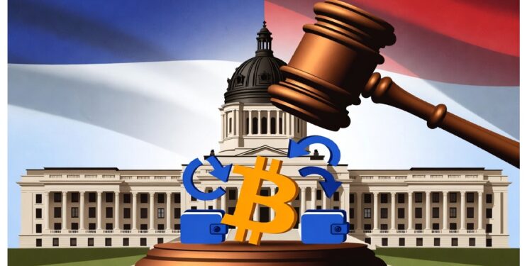 Mazo judicial sobre base con símbolo de Bitcoin y íconos de billeteras frente a edificio gubernamental con bandera, aludiendo a regulación y supervisión estatal de criptomonedas.