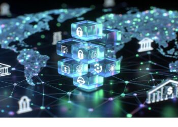 Cubo central luminoso con iconos financieros y de seguridad rodeado de mapa mundial con nodos conectados y bancos estilizados, evocando redes globales y sistemas digitales seguros.