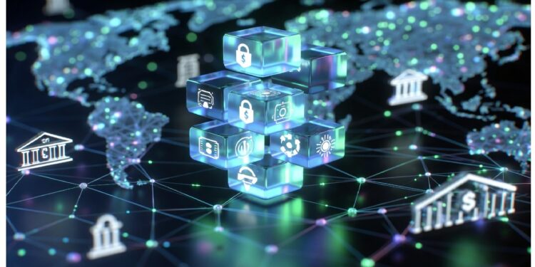 Cubo central luminoso con iconos financieros y de seguridad rodeado de mapa mundial con nodos conectados y bancos estilizados, evocando redes globales y sistemas digitales seguros.