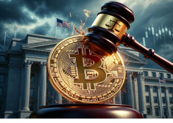 Moneda dorada de Bitcoin golpeada por mazo judicial con chispas frente a edificio gubernamental y líneas de gráfico, evocando impacto regulatorio y tensión legal sobre cripto.