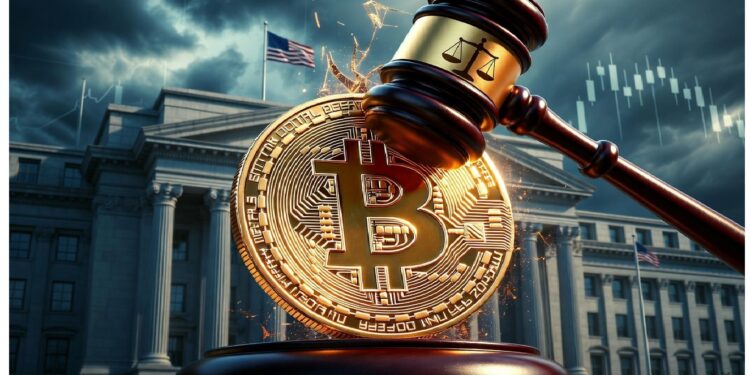 Moneda dorada de Bitcoin golpeada por mazo judicial con chispas frente a edificio gubernamental y líneas de gráfico, evocando impacto regulatorio y tensión legal sobre cripto.