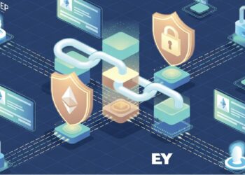 Eslabón central uniendo escudos de candado y Ethereum rodeado de pantallas con datos y siluetas conectadas, evocando verificación de identidad y seguridad blockchain asociada a EY.