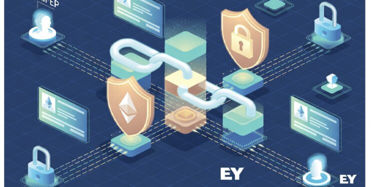 Eslabón central uniendo escudos de candado y Ethereum rodeado de pantallas con datos y siluetas conectadas, evocando verificación de identidad y seguridad blockchain asociada a EY.