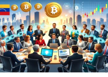 Profesionales en reunión alrededor de mesa con símbolos de Bitcoin y cadenas blockchain, bandera venezolana y gráfica ascendente al fondo, evocando análisis financiero digital.
