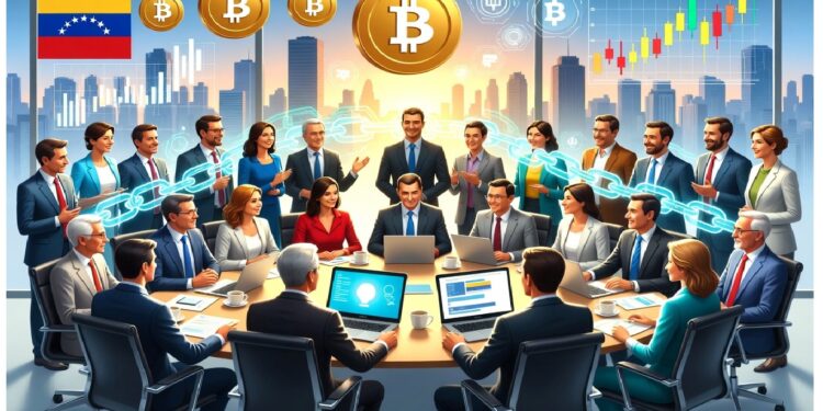 Profesionales en reunión alrededor de mesa con símbolos de Bitcoin y cadenas blockchain, bandera venezolana y gráfica ascendente al fondo, evocando análisis financiero digital.