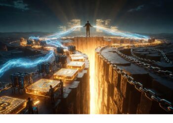 Figura sobre pasarela de bloques con símbolo de Bitcoin y cadenas luminosas suspendidas sobre abismo, con haces de luz detrás, evocando poder y dramatismo en entorno digital.