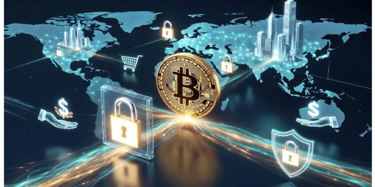 Símbolo dorado de Bitcoin rodeado de iconos digitales de seguridad, comercio y finanzas sobre mapa mundial y ciudad luminosa, evocando impacto global de sistemas cripto.