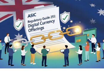Documento sobre guías regulatorias con cadena dorada atravesándolo, figuras con portátiles y escudos de verificación junto a bandera australiana, evocando supervisión de criptoactivos.