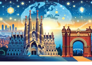 Sagrada Família y Arc de Triomf ante globo luminoso con redes y símbolos cripto, sobre ciudad y mar al atardecer, evocando unión entre patrimonio barcelonés e innovación digital global.