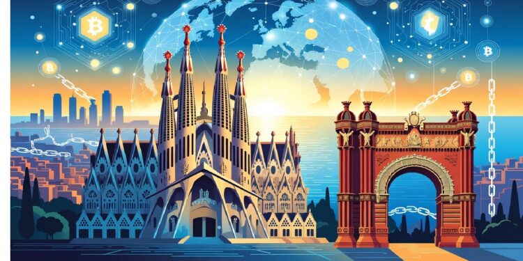 Sagrada Família y Arc de Triomf ante globo luminoso con redes y símbolos cripto, sobre ciudad y mar al atardecer, evocando unión entre patrimonio barcelonés e innovación digital global.