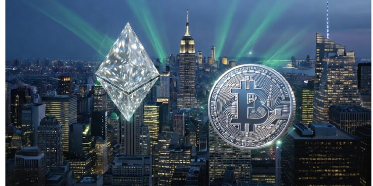 Horizonte de Nueva York al anochecer con haces verdes ascendentes y grandes símbolos de Ethereum y Bitcoin superpuestos, evocando vínculo entre criptomonedas y centro financiero urbano.