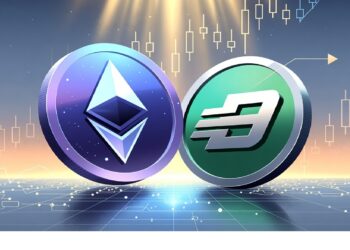 Monedas digitales de Ethereum y Dash sobre superficie tecnológica con circuitos brillantes y gráficas ascendentes al fondo, evocando dinamismo del mercado y avance cripto.