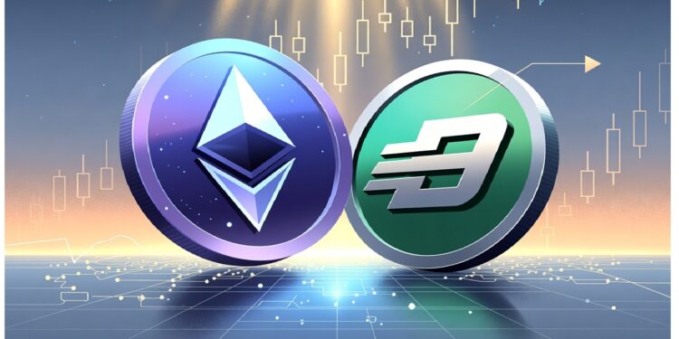 Monedas digitales de Ethereum y Dash sobre superficie tecnológica con circuitos brillantes y gráficas ascendentes al fondo, evocando dinamismo del mercado y avance cripto.