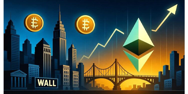 Ciudad tipo Wall Street con rascacielos y puente bajo dos monedas doradas y logo de Ethereum sobre gráfica ascendente, evocando vínculo entre finanzas tradicionales y criptoactivos.